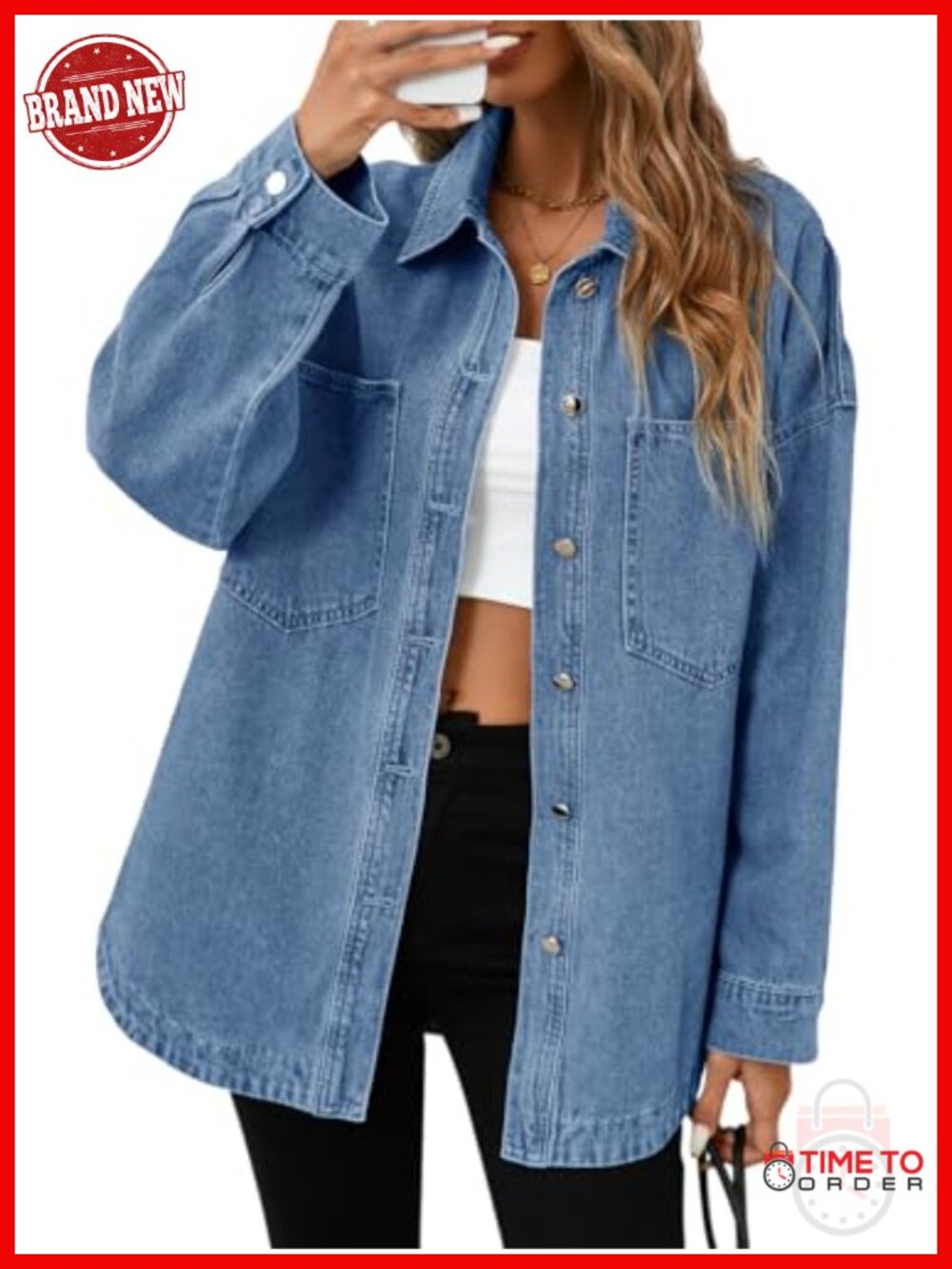 Oversized Denim Shirt Jacket Button Down Long Sleeve Casual Jean Shackets